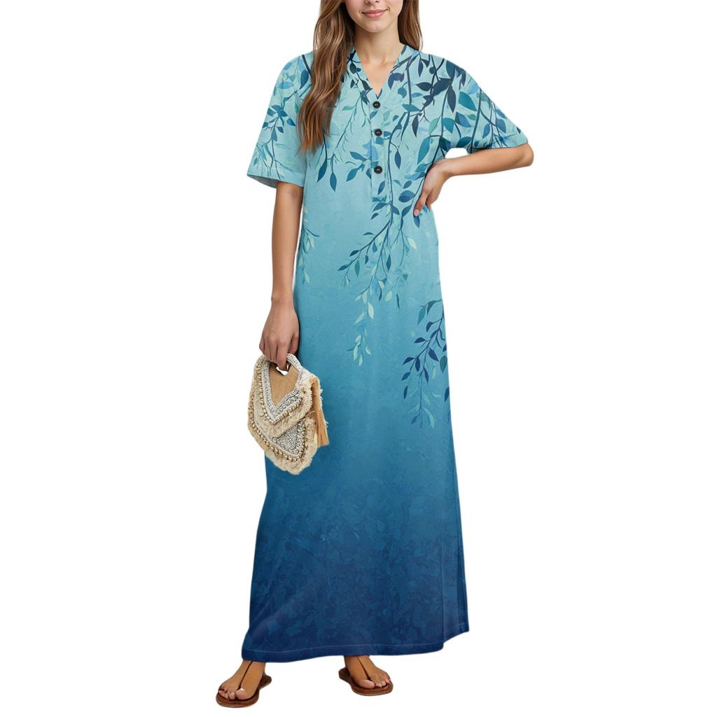 Women's Fashion Printed Nightgown Home Clothes Short Sleeve Nightgown With Pockets Long Dress