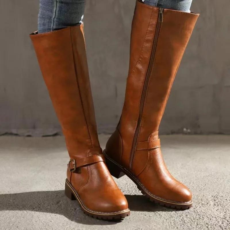 Winter Women's Riding Boots Round Toe Chunky Heel High Boots Women's Buckle Platform Shoes Botas
