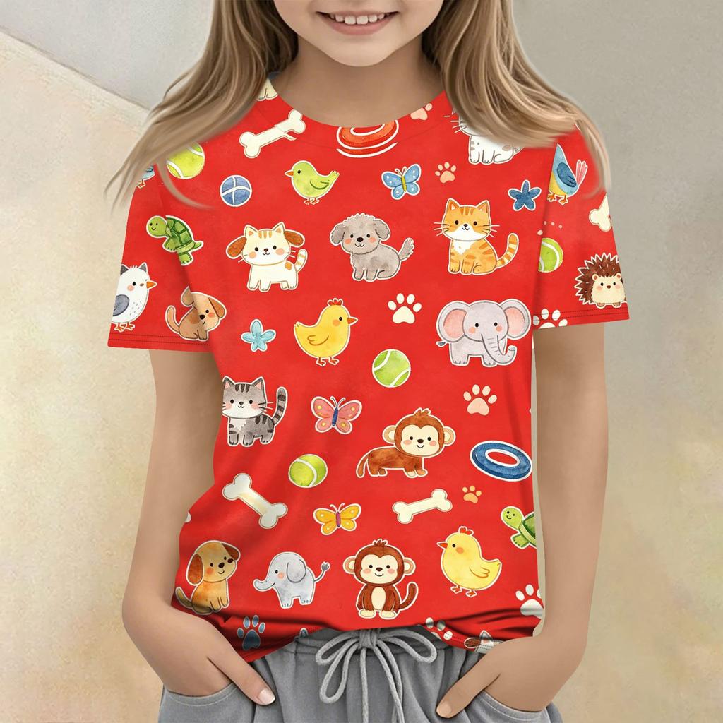 Kids Animal Print Crew Neck Short Sleeve T Shirt Casual Loose Fit Top Soft Comfortable Fabric Suitable for Everyday Wear