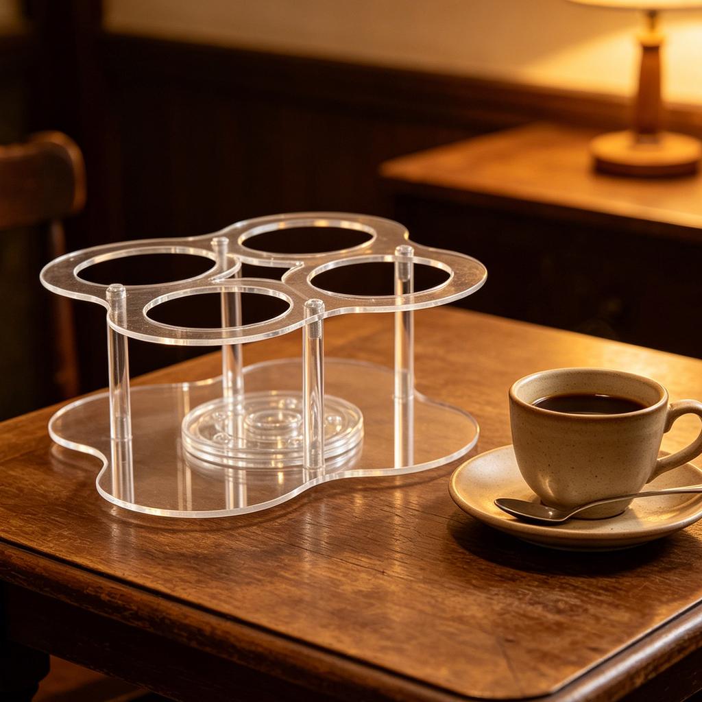 Acrylic Sugar Syrup Dispenser Organizer Rotating Rack 4 Bottles Clear Coffee Syrup Bottle Holder Coffee Bar Station Organizer
