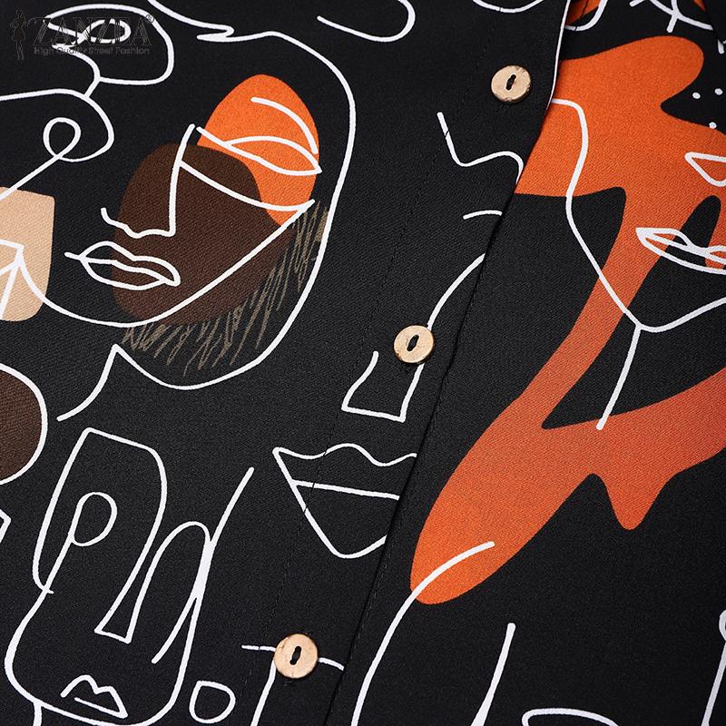 ZANZEA Women Casual Turn Down Collar Short Sleeve Print Dress