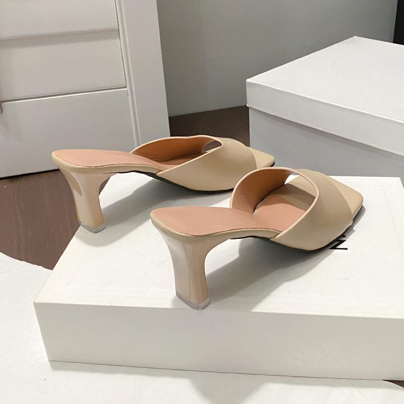 Fashion Size 35-42 Women Heeled Mules Sandals Soft Leather High Heels Summer Shoes For Women Slippers Vintage Open Toe Slides