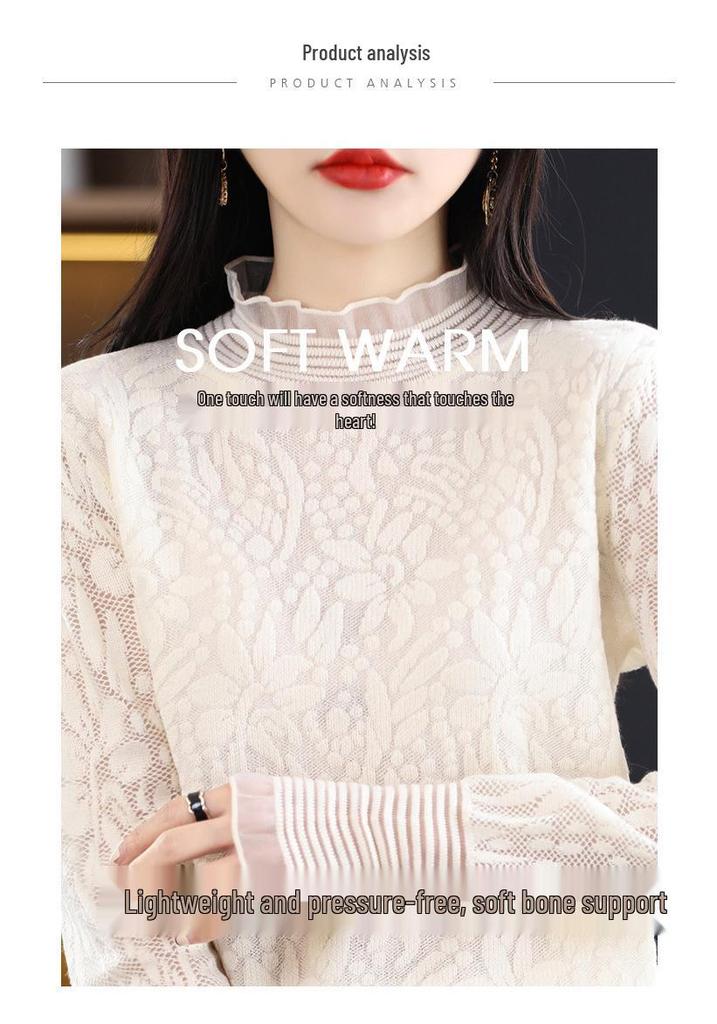 Women's Spring-Summer Chiffon Knit Top with Lace & Mesh Half-High Collar