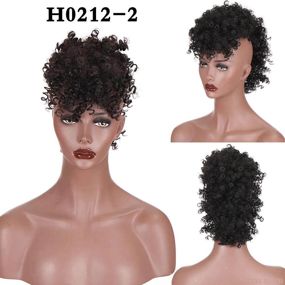 XINRAN Synthetic Wig For Black Women Mohawk Kinky Curly Hair Bun Afro High Puff Short Ponytail With Bangs