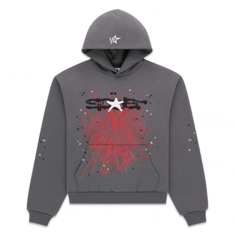 Felpa Sp5der Oversize Spessa in Pile con Stampa a Foglia Ragnatela Design Uomo Inverno Casual