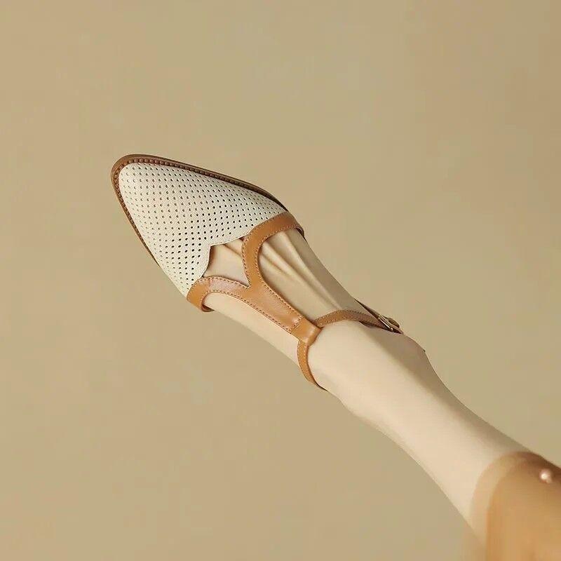 Fashion NEW Summer Women Sandals Split Leather Shoes for Women Simple Pointed Toe Chunky Heel Shoes Cover Toe Slingback Designer Sandals