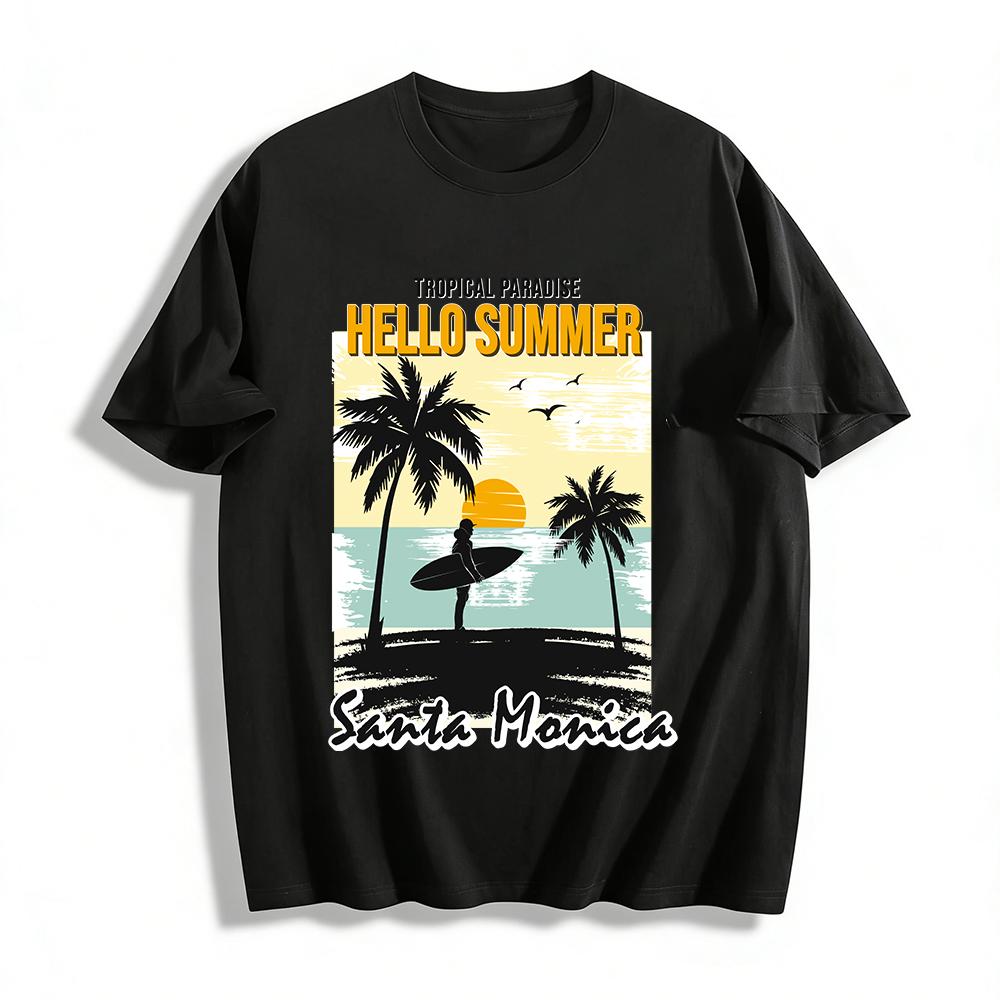 

Santa Monica Surf Coconut Tree Print Summer Vacation Casual T-Shirt Pure cotton T-shirt 6XL