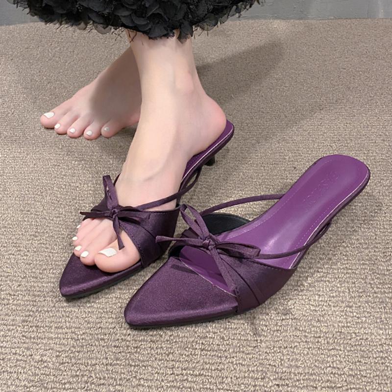 Fashion Women Slippers Fashion Bow Pointed Toe Shoes Elegant Dress Woman Heeled Sandals 2025 Sexy New Slides Luxury Sandalias De Mujer