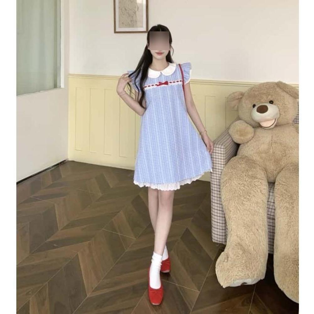 Feifei Sleeve Small Sweet Girl Dress Summer Blue Plaid Cute Doll Collar Sweet Temperament Princess Short Dress
