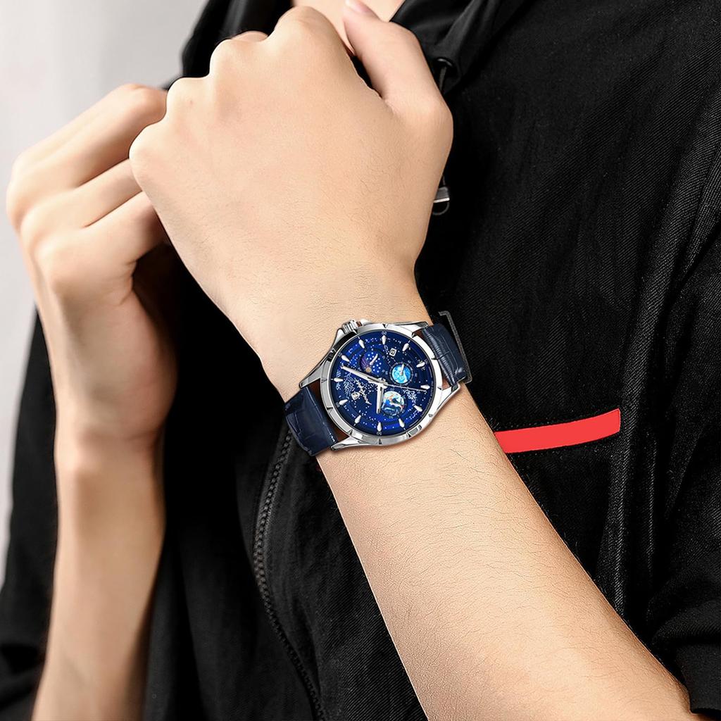 Genuine Leather Blue Starry Luminous Analog Calendar 3ATM Waterproof Quartz Romantic Stylish Casual Fashion Accessories Birthday Anniversary Christmas