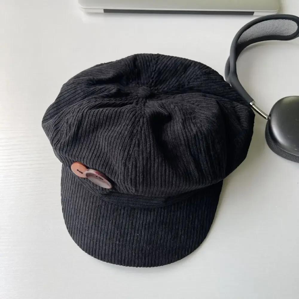 

Double Button Decoration Corduroy Baseball Caps Windproof Adjustable Octagonal Hat Keep Warm Beret Autumn Winter Sun Cap Outdoor 50-60cm чорний
