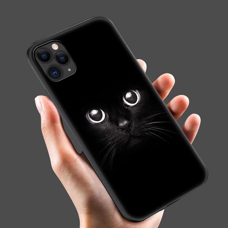 Black Tpu Case for Iphone 5 5s Se 6 6s 7 8 Plus X 10 XR XS 11 12 13 Mini Pro MAX Case Silicone Cover Black Cat Staring Eye On