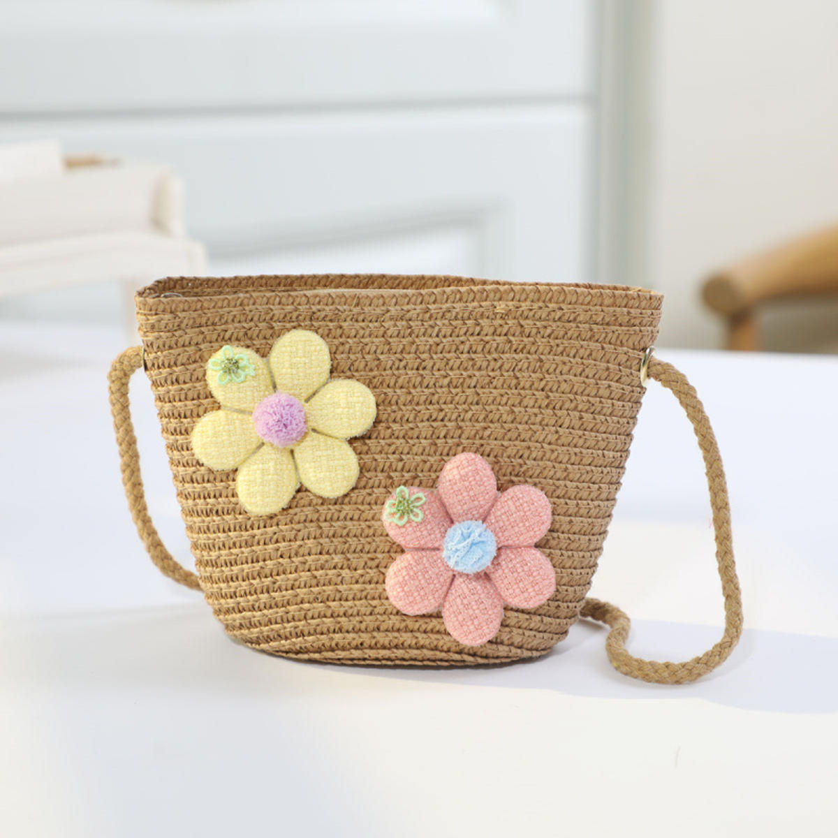 

Girl Zipper Flower Straw Bag Cute Photo Props Handmade Woven Kid Messenger Bags Storage Basket Coin Purse Crossbody Handbag One Size коричневый