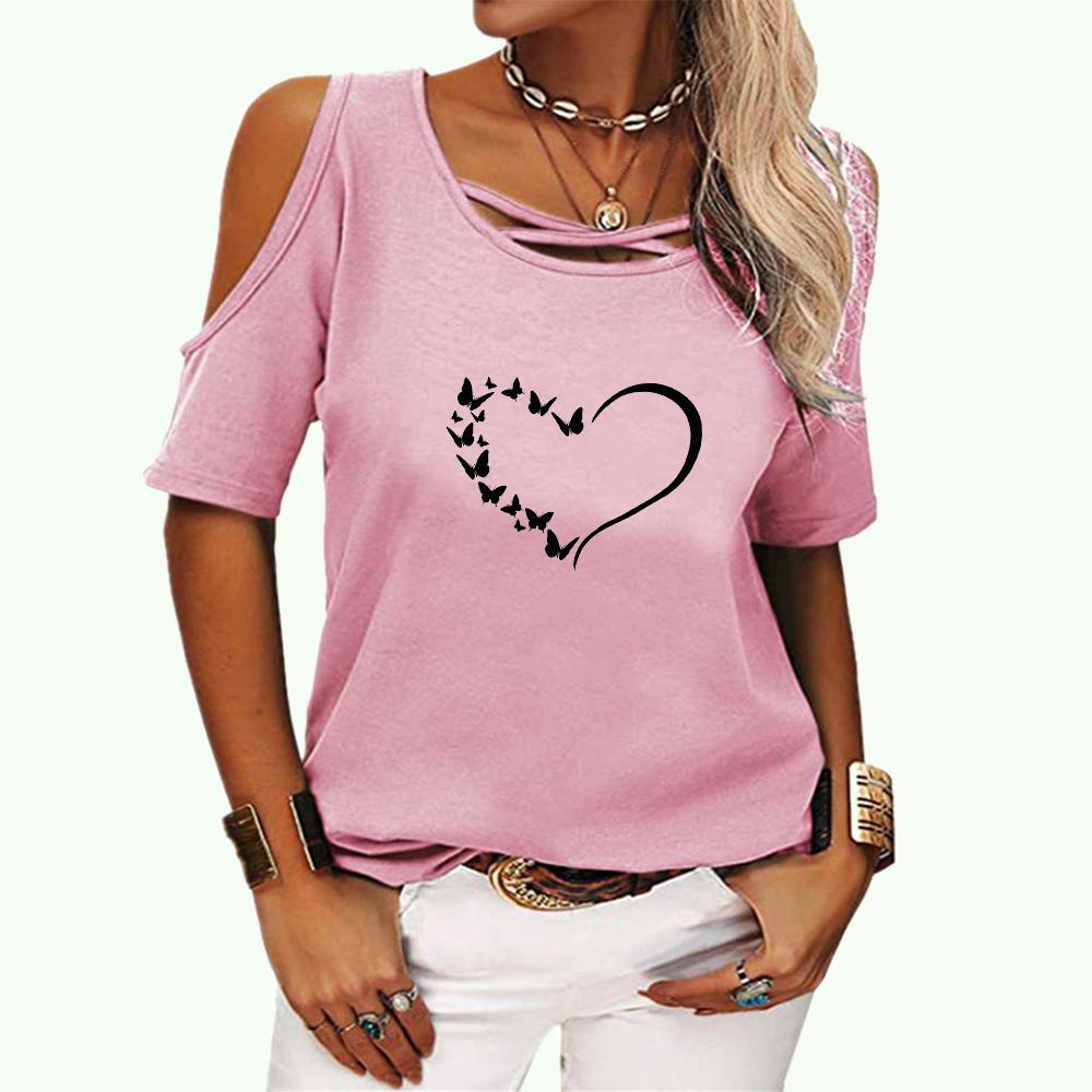 Women Casual Round Neck T-shirt Summer&fall Heart Shape Printed Short Sleeve Top Female Fashion Off Shoulder Tee Shirt