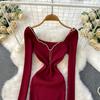 Autumn Spring Women Sexy Square Collar Luxury Beading Knitted Sweater Party Dress Long Midi Sheath Bodycon Sheath Dresses