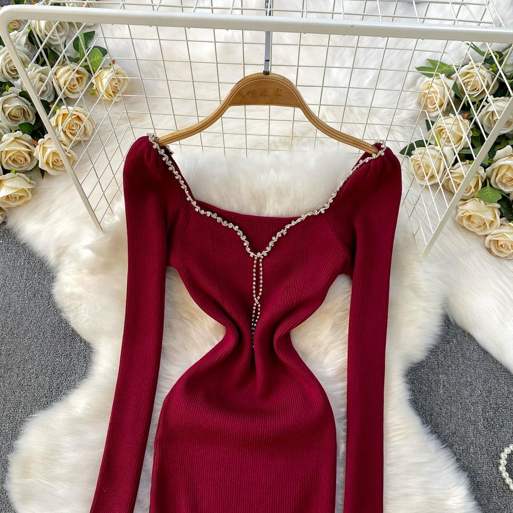 Autumn Spring Women Sexy Square Collar Luxury Beading Knitted Sweater Party Dress Long Midi Sheath Bodycon Sheath Dresses