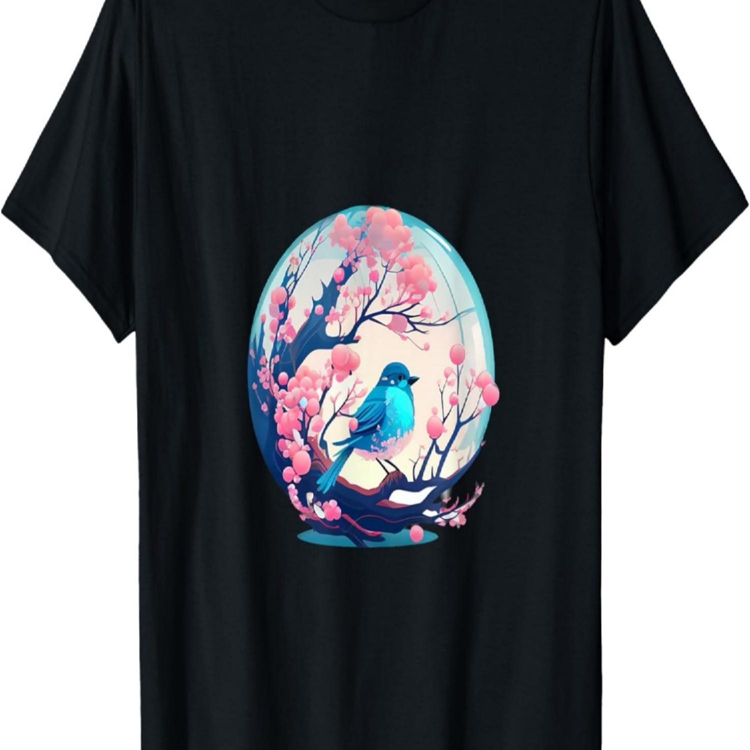 Nature-Inspired  Blue Bird and Cherry Blossom T-Shirt S чёрный
