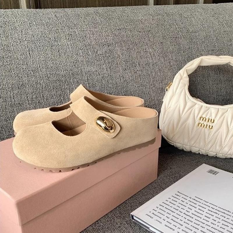 Height increase of 5cm small golden bean round head leather Mary Jane half slippers