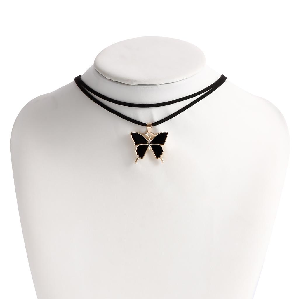 Jewelry Personalized Velvet Rope Black Imitation Fritillary Butterfly Alloy Pendant Necklace Pull Adjustable