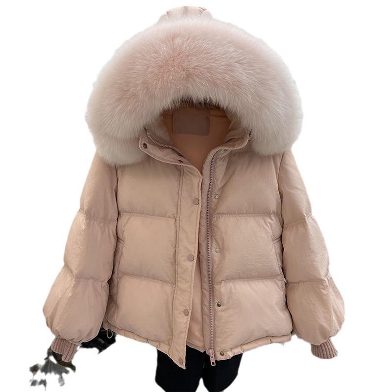 2024 Winter Women's Loose Fit Fur Collar Down Jacket with Knitted Sleeves - Petite Size