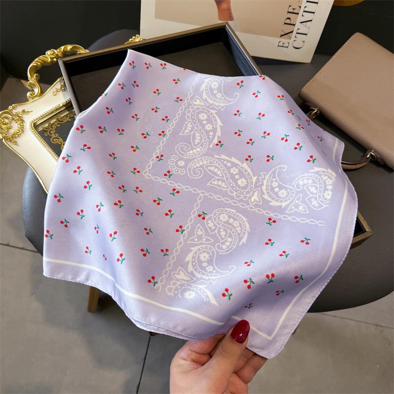 1PCS Purple Scarf Cherry Qimeng Printed Silk Scarf Square Scarf Premium Shawl Sunscreen Neck Small Square Scarf Headscarf