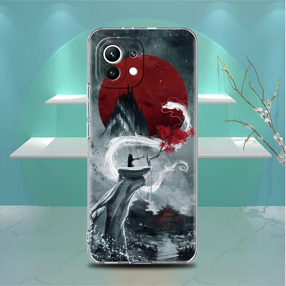 Landscape Ink Painting Japan Samurai Art Clear Case For Xiaomi Mi Poco X3 NFC M3 Pro F3 F1 11 Lite 12 Note 10 11T 9T Phone Cover