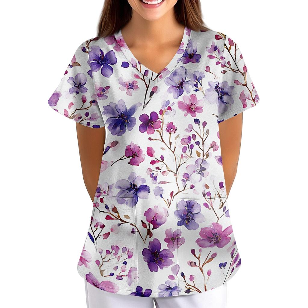 Loose Fit V Neck Short Sleeve Medical Scrub Top with Pockets for Healthcare Professionals Nurse Uniform Workwear