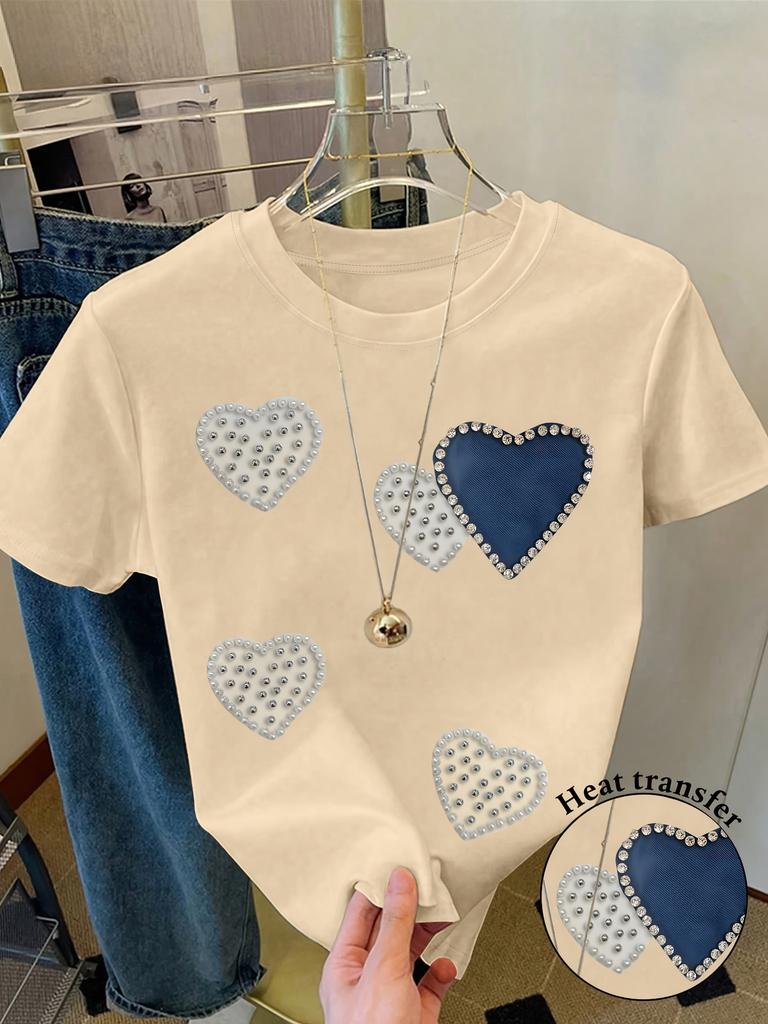 Pearl & Rhinestone Heart Women's Tee - Faux Pearl Heart Graphic, Casual Pink Top