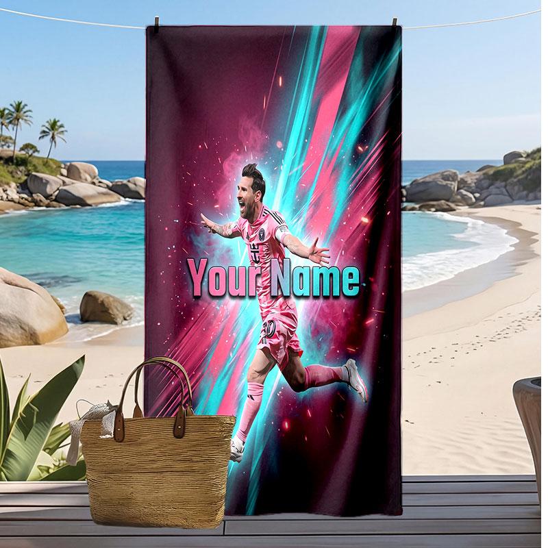 Asciugamano da Spiaggia Personalizzato Stampato Lionel Messi Logo Calcio Supporto Nome Personalizzato Testo Asciugamano Assorbente Per Sport Viaggio Regalo Speciale