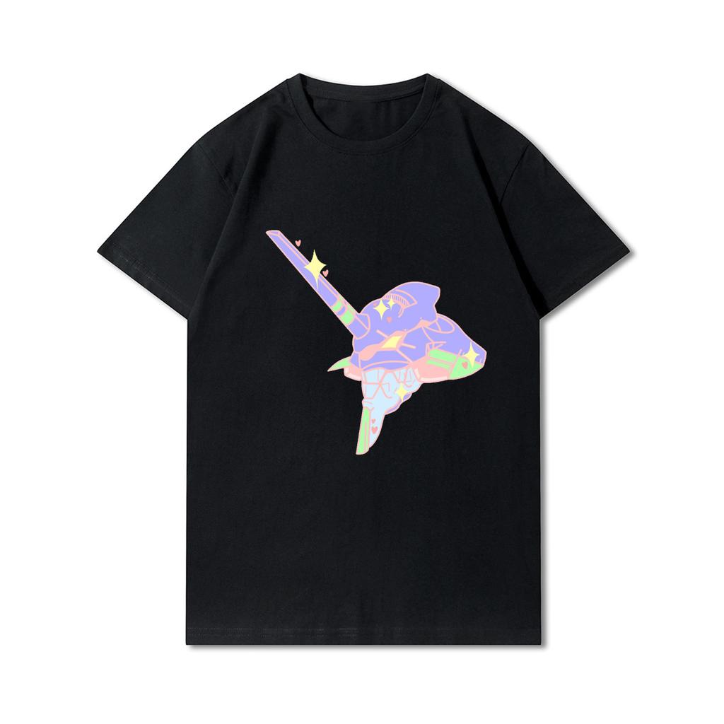 T-shirt da uomo con stampa Evangelion, scollo tondo, in cotone, estive, casual, nere
