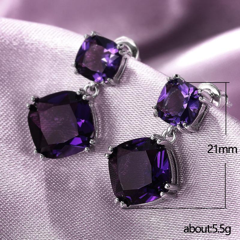 Ladies' Artificial Purple Crystal Pillow Shaped Earrings, Double-layer Purple Synthetic Zircon Pendant Design, Elegant and Gorgeous Jewelry Gift