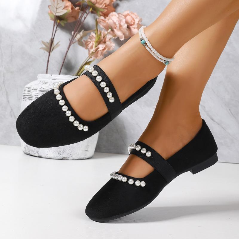 Round Toe Shallow Mouth Single Shoes Autumn New Suede Pearl Suede Soft Sole Non-slip Wear-resistant Low Heel Shoes