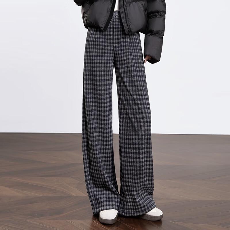 Si Baishe Women's Winter Fleece-Lined Plaid Wide-Leg Pants
