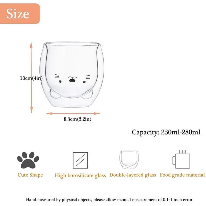 Lovely Glass Mug Transparent Double-Layer Coffee Mug Cartoon Bear Cat Prevent Scald Glass Cup Breakfast Milk Lemon Juice Cup Mug