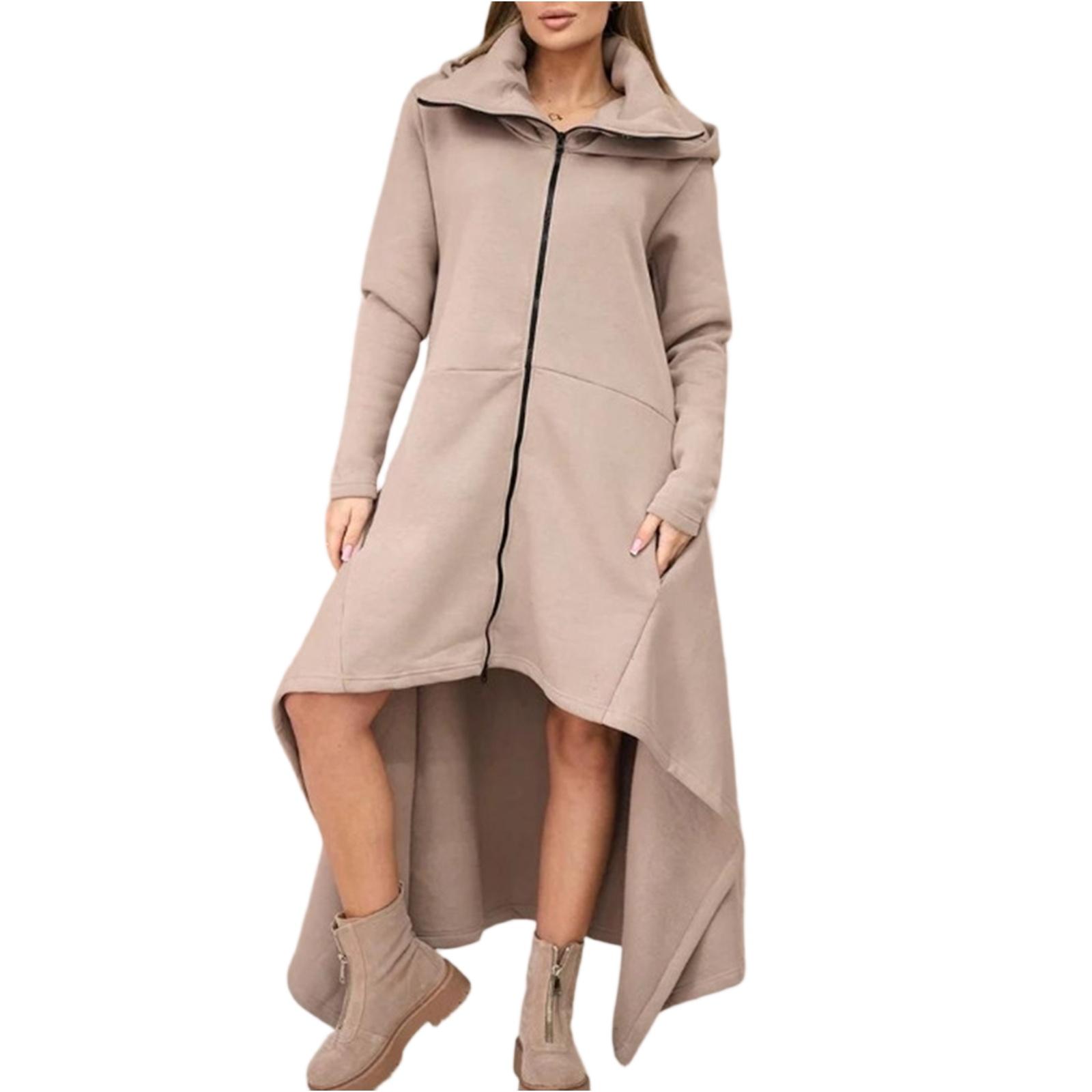 

Women s Fashionable Solid Color Long Sleeved Hooded Long A-line Skirt Loose And Versatile Sweatshirt Jacket L хакі