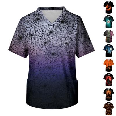 Herren V-Ausschnitt Halloween-Print Medizinischer Kasack mit Brusttasche Kurze Ärmel Bequeme Passform für medizinisches Fachpersonal