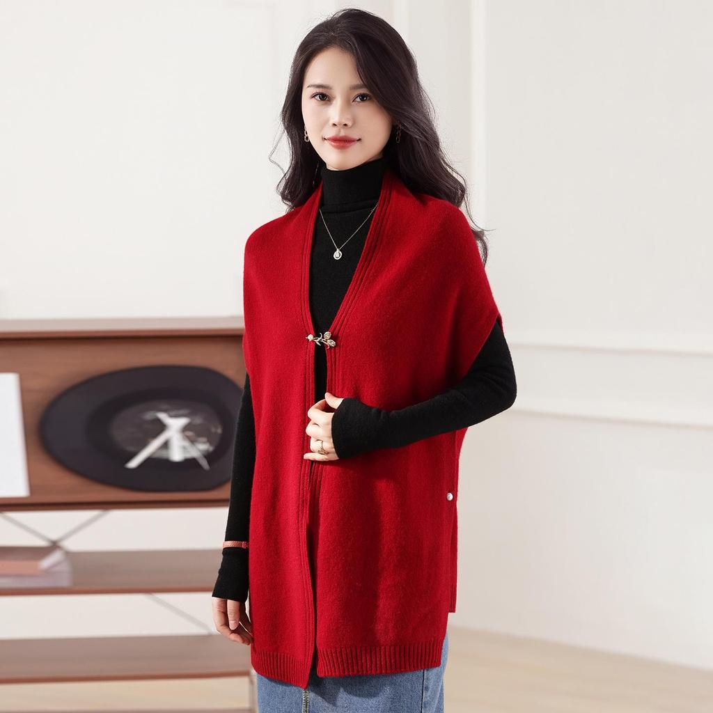 Women's Pure Wool V-Neck Shawl Cardigan: Autumn/Winter, Knit, Loose, Sleeveless Vest.