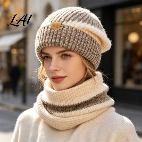 Comfortable Thermal Winter Gear Hat Neck Warmer Set Fleece Lined Knitted Hat Thickened Warm Stylish Gift for Her Knit And Scarf Women Cold