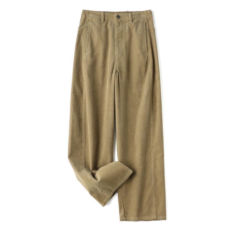 Nordic Retro High-Waist Corduroy Scimitar Pants - 100% Cotton, Canelé Style, Straight Leg, Long.
