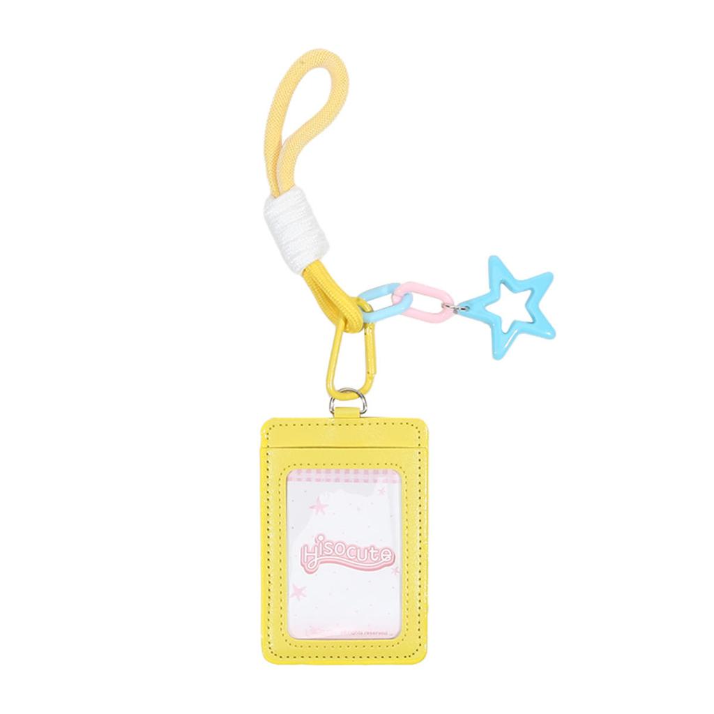 Cute PU Leather Card Sleeve Ins Candy Color Woven Rope Keychain Photo Card Holder Star Pendent Bus Card Storage Bag