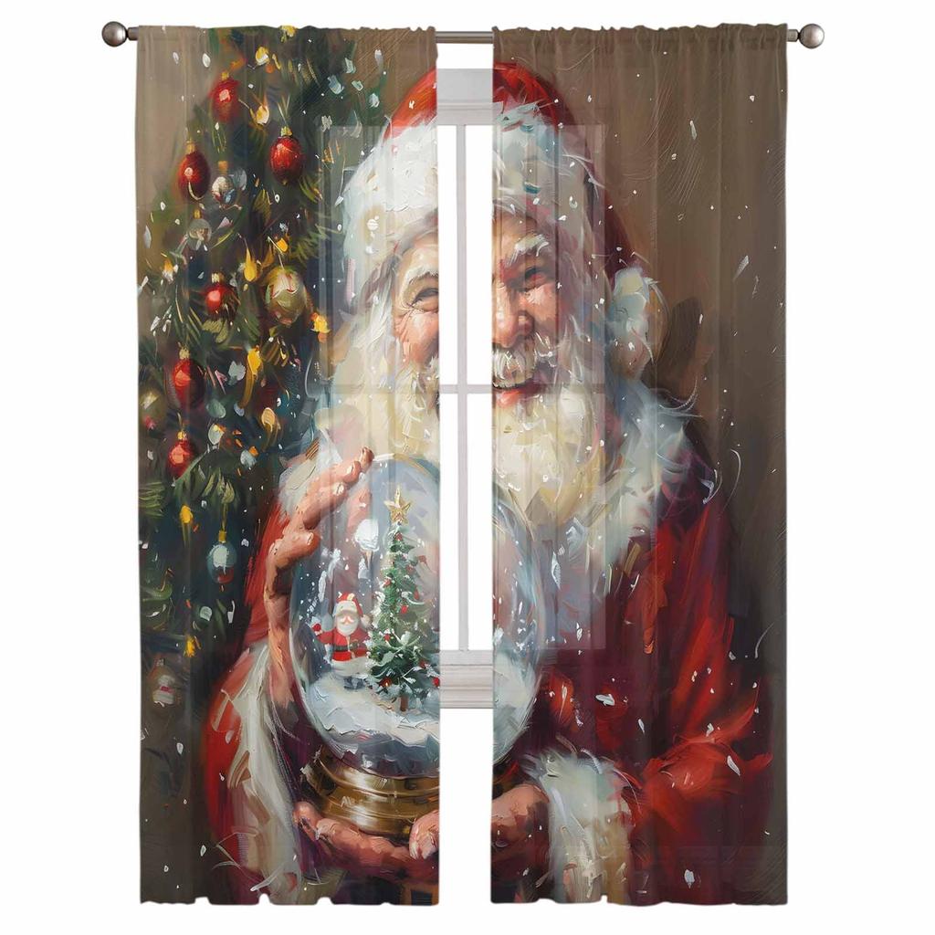 Christmas Santa Crystal Ball Curtains For Living Room Bedroom Home Decoration Window Voile Tulle Curtain Drapes