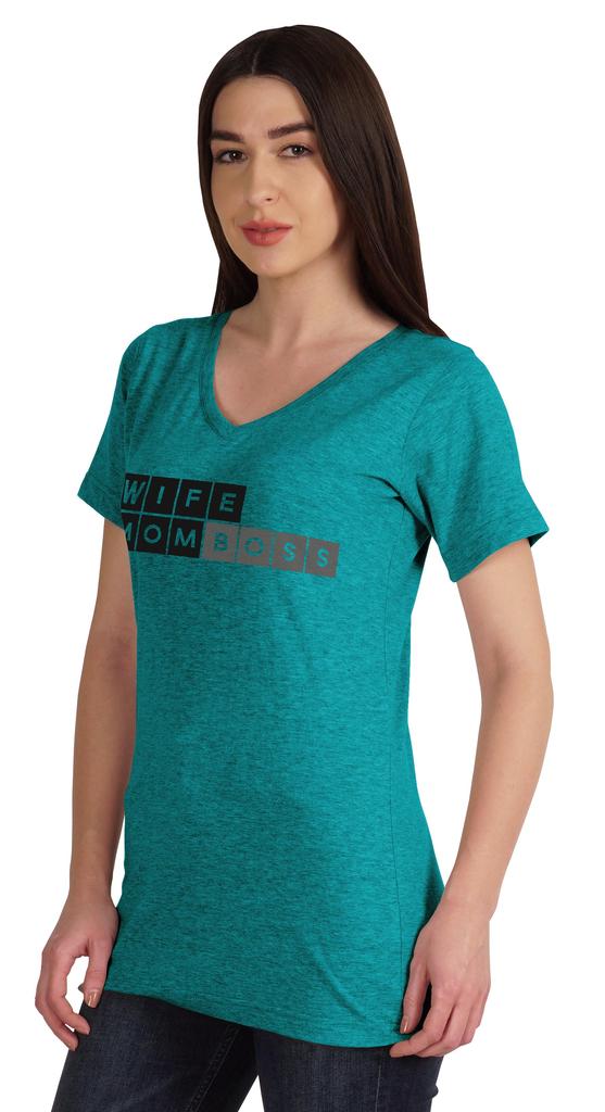 Inkmeso Wife Mom Boss Women Tshirt Cotton Top V-neck Mother’s Graphic Tee Shirt