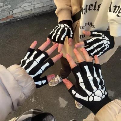 Punk Gloves Halloween Gloves Cosplay Y2k Skeleton Skull Half Finger Gloves Glow In The Dark Stretch Knitted Winter Mittens Adult