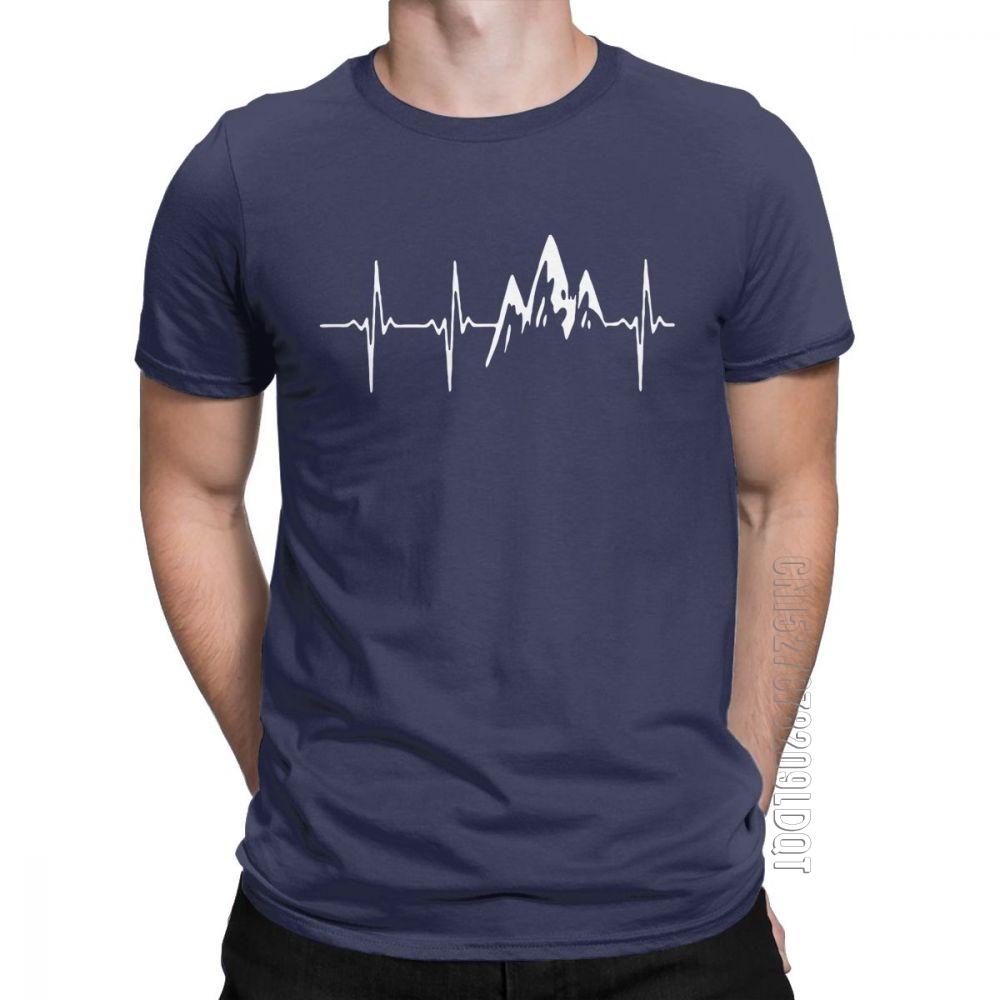 Mountain In My Heartbeat TShirts For Men Hiking Walking T Shirt Climbing Graphic Basic Tees Crewneck Pure Cotton Clothes Gift