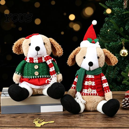 Plush Dog with Sweater Christmas Stuffed Animal Toy, Soft Puppy Doll Santa Hat for Gift Scarf Table, Fireplace, Holiday Party Decor, Lovers