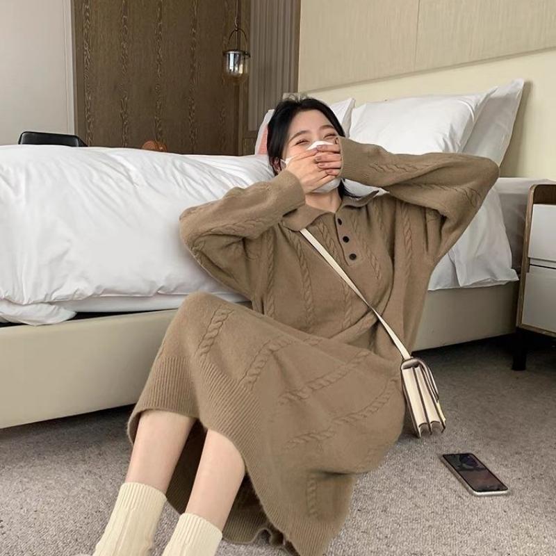 Super Beautiful Woolen Dress Women Autumn and Winter Loose Sweater 2023 New Long Knitted Long Sleeve Pullover Female Dress