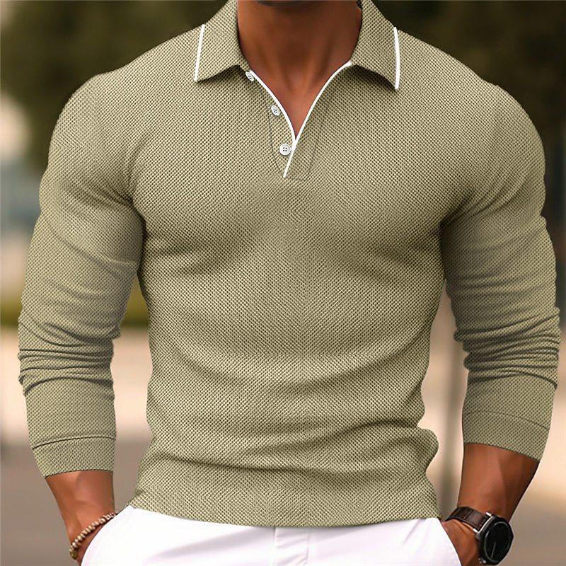 Stylish Long Sleeve Polo Shirt with Contrast Trim, Casual Daily Essential