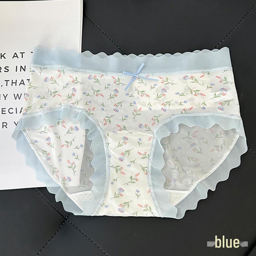 New Floral Ice Silk Girls' Underwear, Mid-Waist Seamless, Cute, Breathable, Hip-Hugging, Thin, Antibacterial Crotch, Pastoral Style