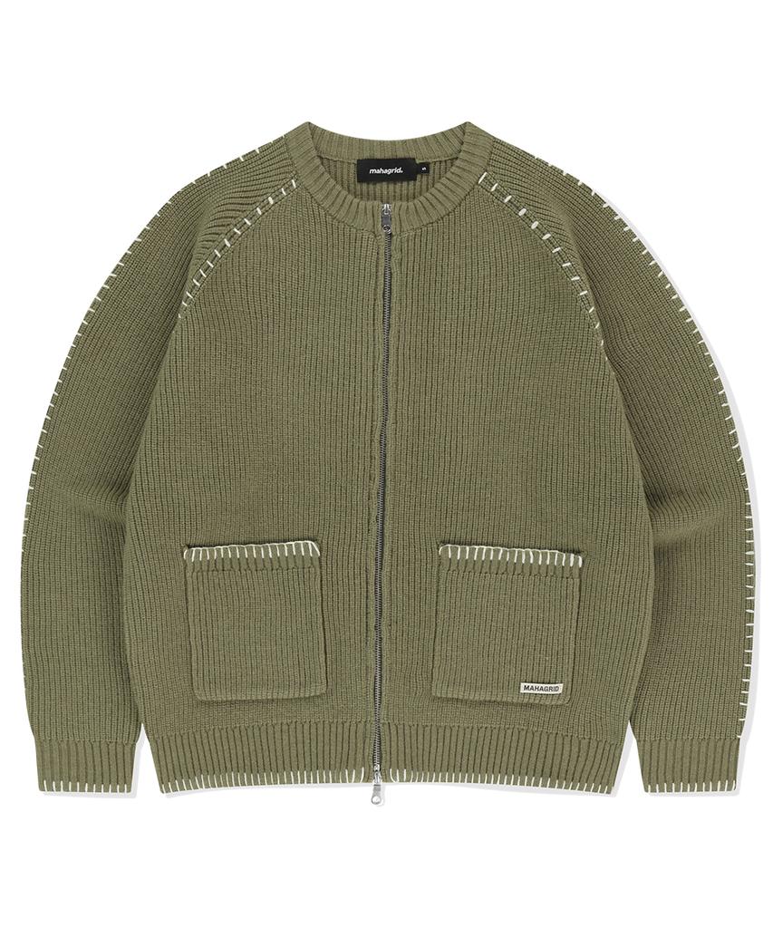 MAHAGRID Stitch Zip-Up Knit Khaki(Mg2Fsmk680A)