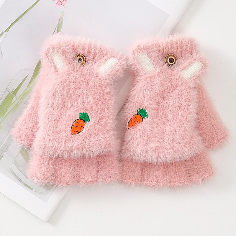 Cartoon Carrot Flip Gloves Women's Winter Fleece Warm Rabbit Ear Plush Half-finger Gloves